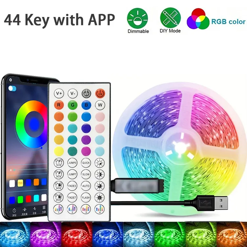 Bande lumineuse LED RGB flexible 1 à 40 m avec synchronisation musicale, alimentation USB 5 V et télécommande 11
