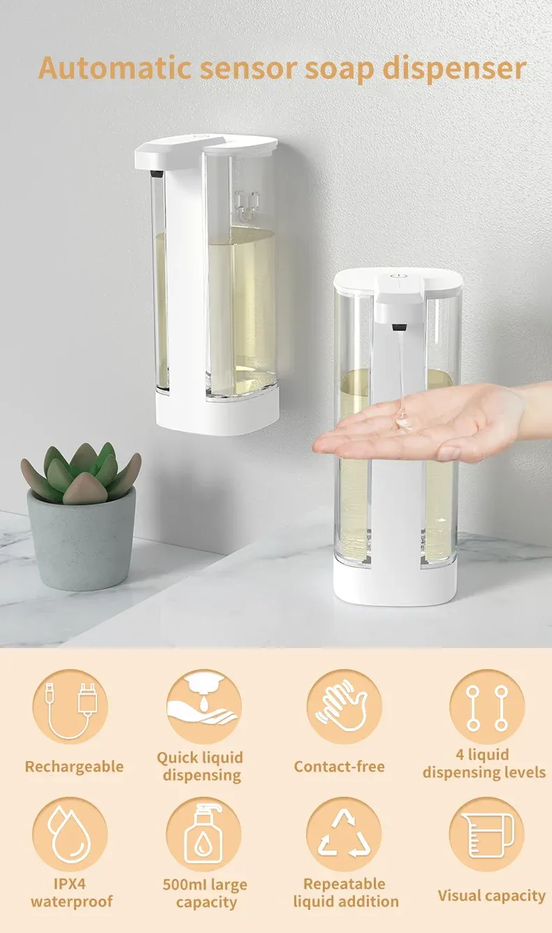 Distributeur de savon à induction infrarouge blanc, vue d'ensemble