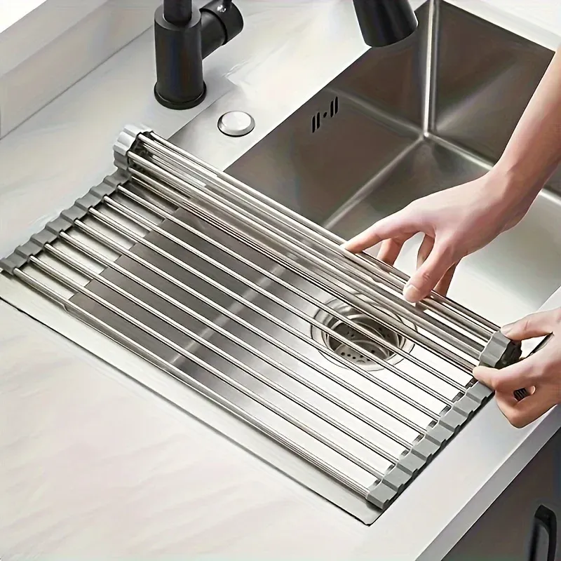 Égouttoir à vaisselle pliable et enroulable, organisateur d'évier de cuisine pour assiettes et couverts