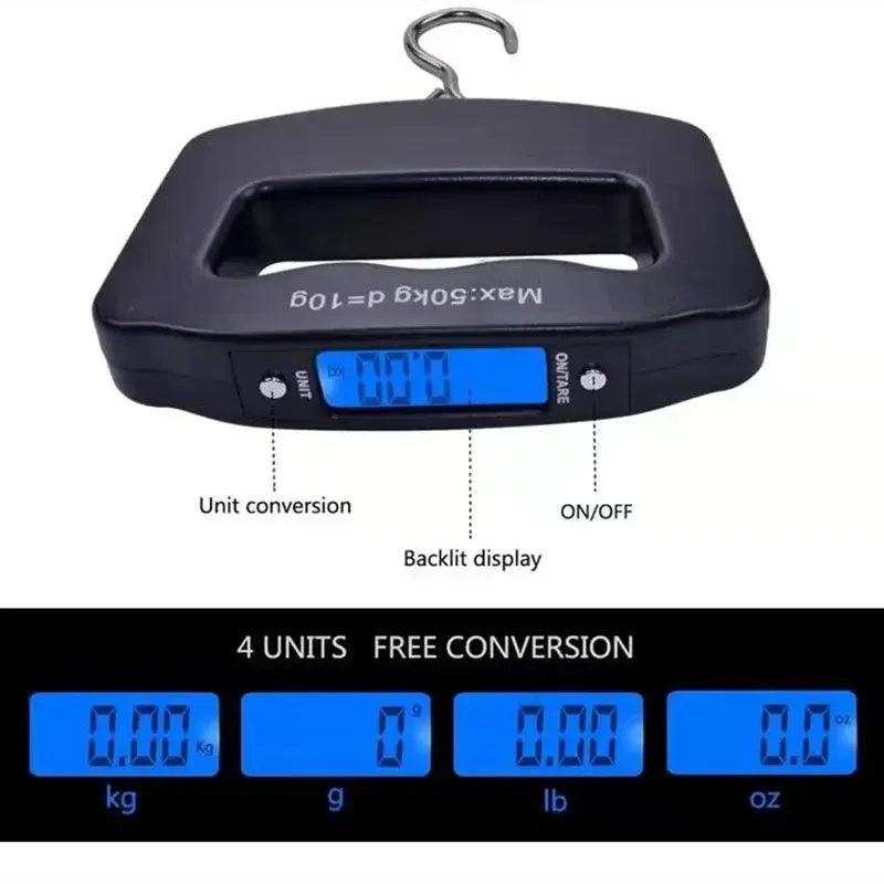 Balance portable numérique à écran LCD pour bagages, 50 kg / 110 lb, pour valise et sac de voyage, crochet de pesée pour poissons, balance suspendue 4