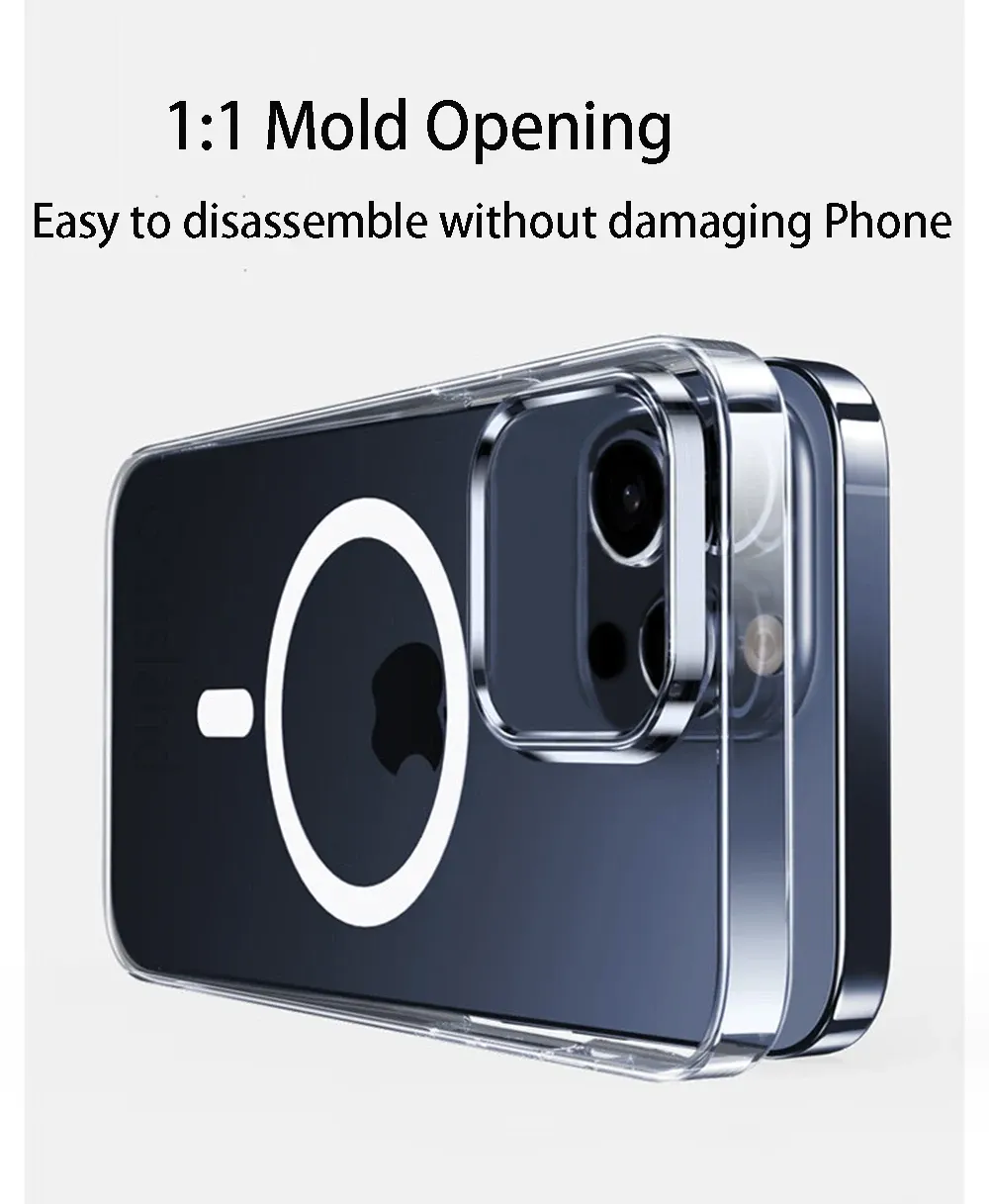 Coque transparente magnétique, finition et matière