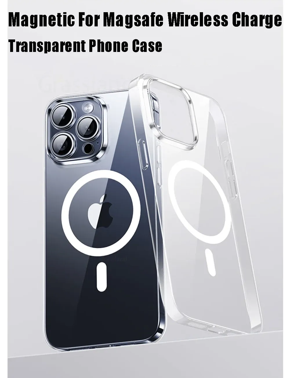 Coque transparente magnétique de luxe pour iPhone, vue d'ensemble