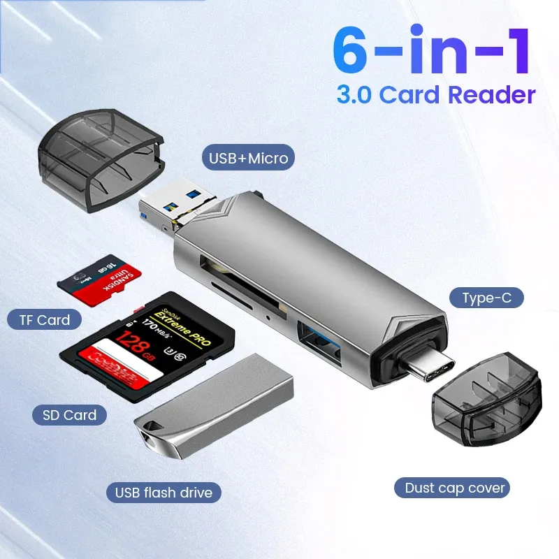 Lecteur de cartes 6 en 1 USB 3.0 vers USB-C, Micro USB, adaptateur OTG universel, adaptateur multifonction SD/TF, transfert haute vitesse