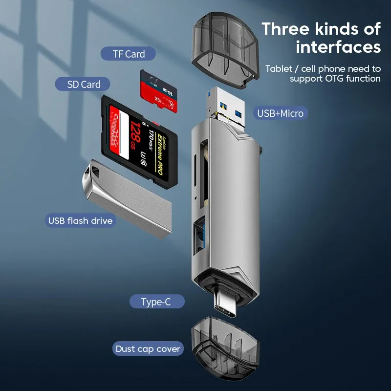 Lecteur de cartes 6 en 1 USB 3.0 vers USB-C, Micro USB, adaptateur OTG universel, adaptateur multifonction SD/TF, transfert haute vitesse 2