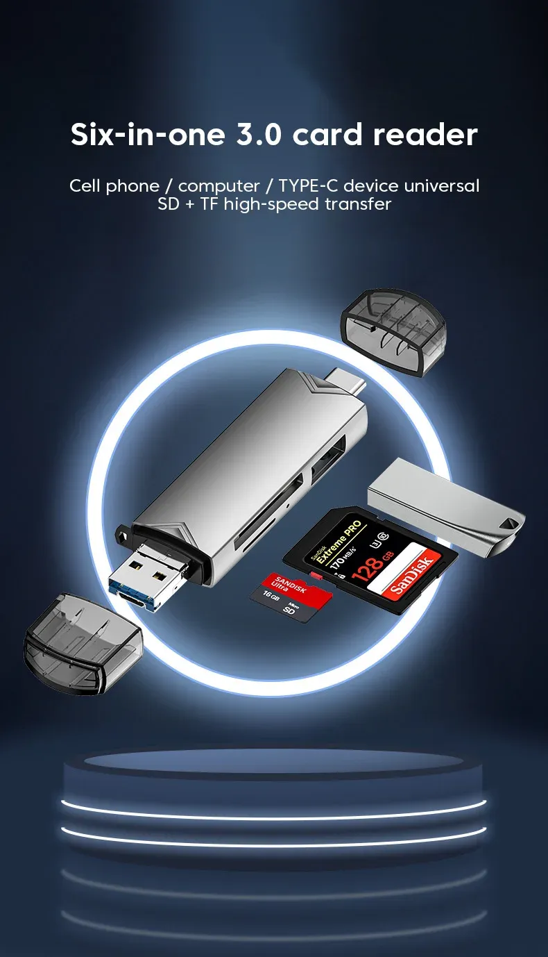 Lecteur de carte 6 en 1 USB 3.0 présenté de face