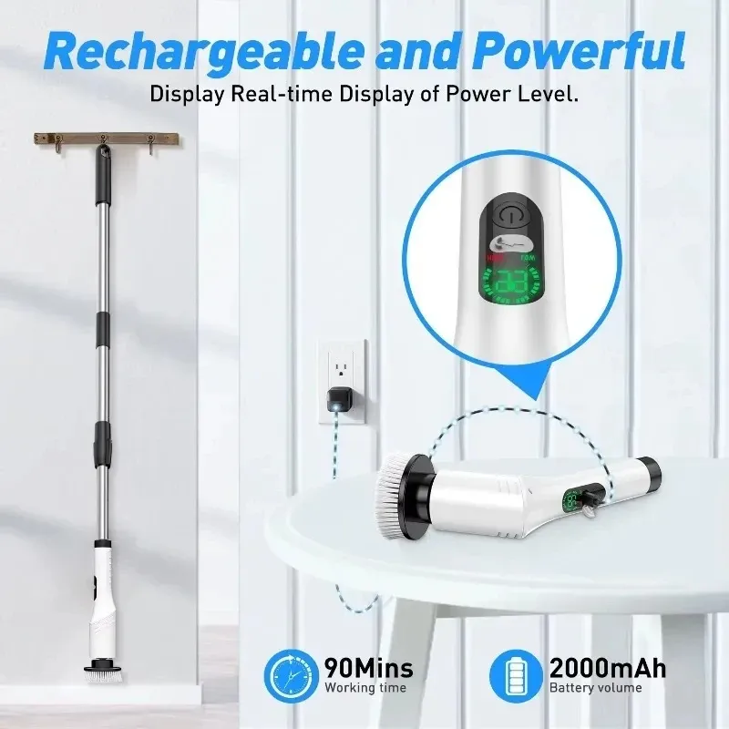 Nettoyeur électrique sans fil 9 en 1 pour salle de bain, 8 brosses interchangeables et manche télescopique réglable 2