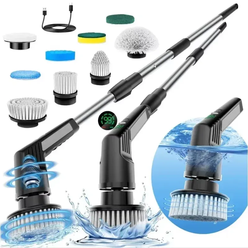 Nettoyeur électrique sans fil 9 en 1 pour salle de bain, 8 brosses interchangeables et manche télescopique réglable - Image 1