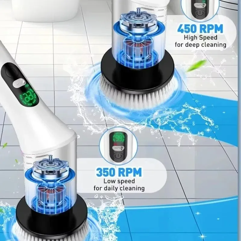 Nettoyeur électrique sans fil 9 en 1 pour salle de bain, 8 brosses interchangeables et manche télescopique réglable 4