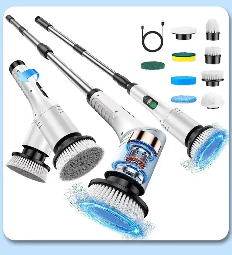Nettoyeur électrique sans fil 9 en 1 pour salle de bain, 8 brosses interchangeables et manche télescopique réglable 7