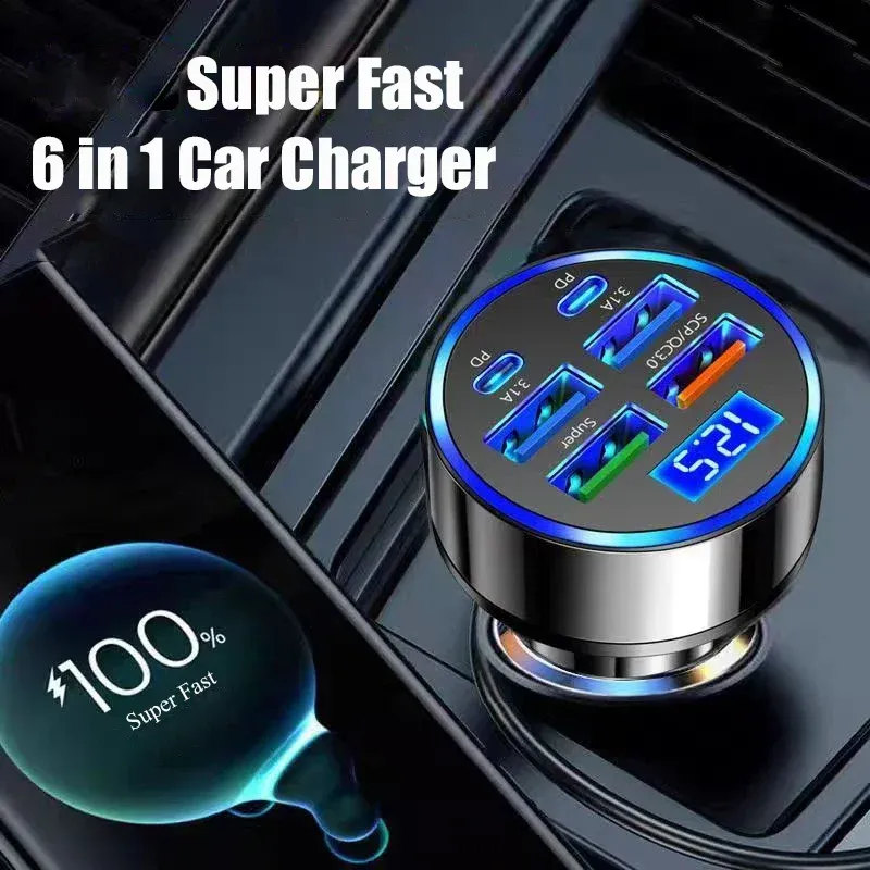 UYUXIO Adaptateur de chargeur de voiture USB-C 6 en 1 avec affichage de tension et charge rapide pour iPhone 16, iPhone 15 Pro Max, Samsung et Android 2