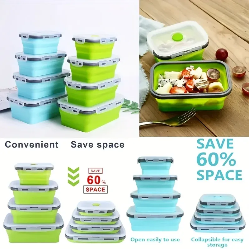 Boîte de conservation alimentaire pliable en silicone, empilable et gain de place, compatible micro-ondes – Lot de 4 3