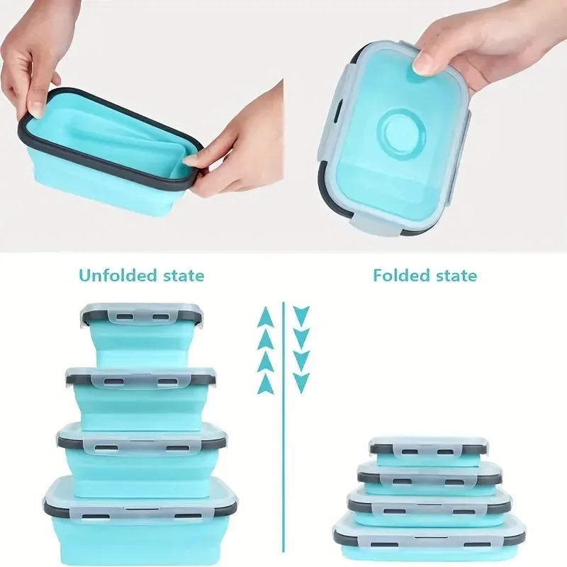 Boîte de conservation alimentaire pliable en silicone, empilable et gain de place, compatible micro-ondes – Lot de 4 2