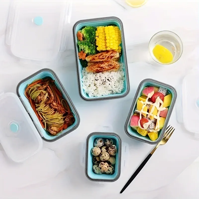 Boîte de conservation alimentaire pliable en silicone, empilable et gain de place, compatible micro-ondes – Lot de 4 4