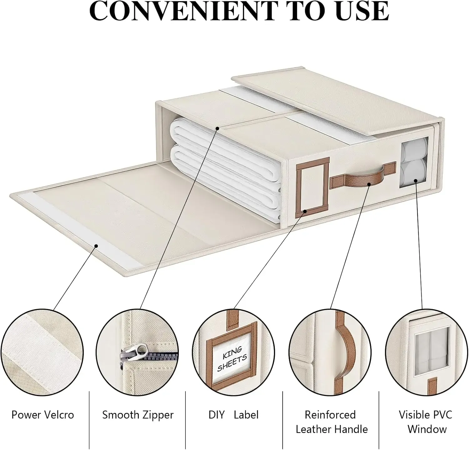 Ensemble de draps pliables, organisateurs de placard en tissu lin avec fenêtre, boîte de rangement pour literie, draps et oreillers 5