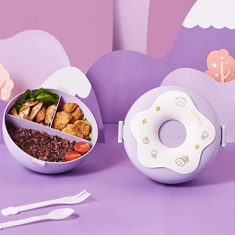 Boîte à repas étanche à 3 compartiments pour écolier, motif dessin animé, avec fourchette et cuillère, passe au micro-ondes - Image 1