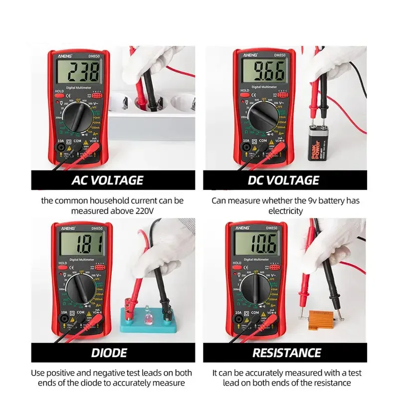 Multimètre numérique professionnel DM850 (1999 points), testeur de tension AC/DC automatique, ampèremètre, ohmmètre, testeur de continuité et de diodes 2
