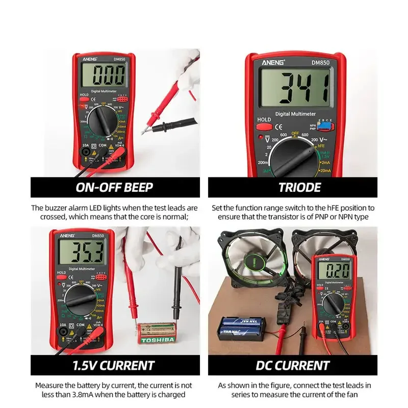 Multimètre numérique professionnel DM850 (1999 points), testeur de tension AC/DC automatique, ampèremètre, ohmmètre, testeur de continuité et de diodes 3