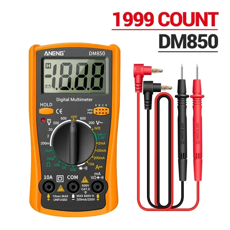 Multimètre numérique professionnel DM850 (1999 points), testeur de tension AC/DC automatique, ampèremètre, ohmmètre, testeur de continuité et de diodes