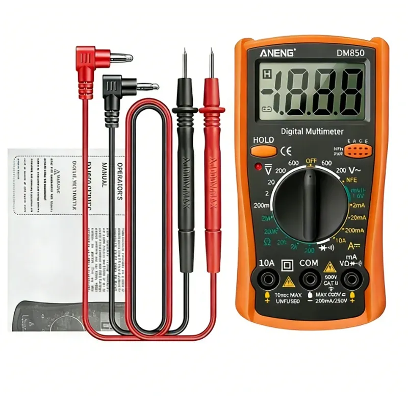 Multimètre numérique professionnel DM850 (1999 points), testeur de tension AC/DC automatique, ampèremètre, ohmmètre, testeur de continuité et de diodes 7