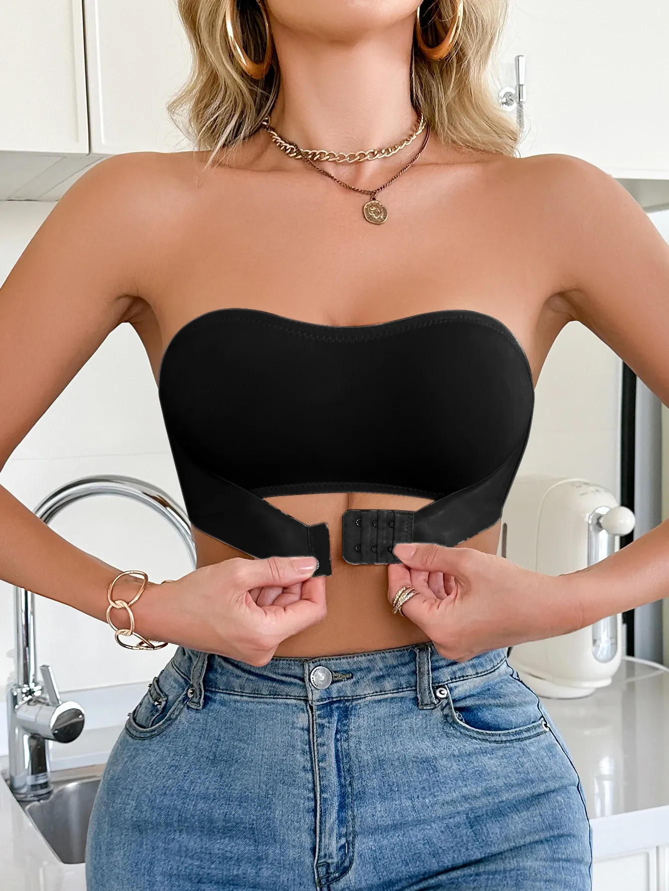 Soutien-gorge sans bretelles pour femme, uni, sans armatures, bralette à fermeture avant, push-up, confortable, sans rembourrage