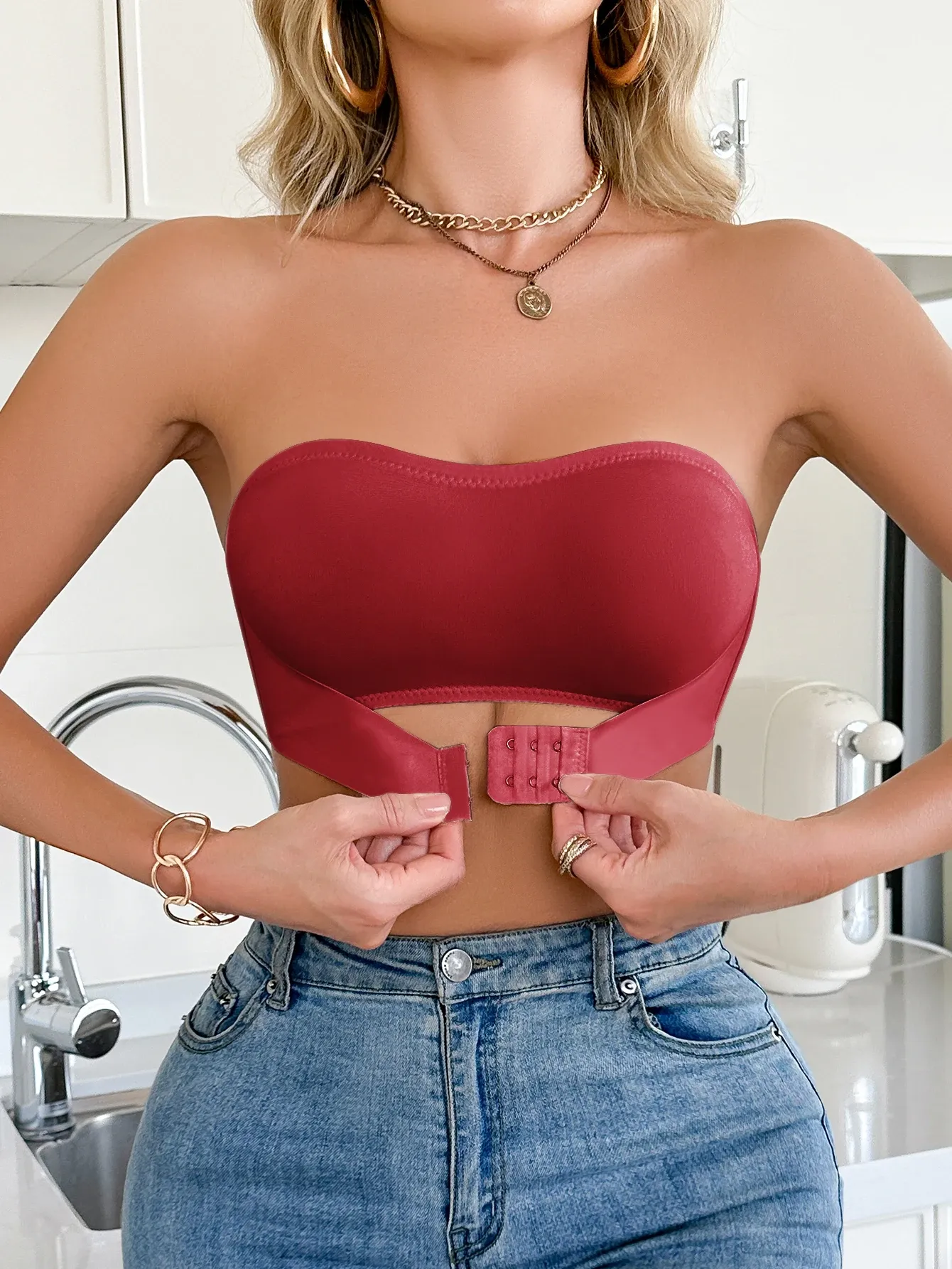 Soutien-gorge sans bretelles pour femme, uni, sans armatures, bralette à fermeture avant, push-up, confortable, sans rembourrage 5