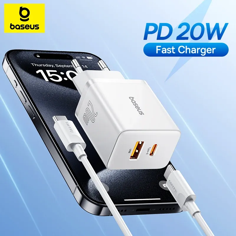 Chargeur Baseus 20 W double port USB-C PD à charge rapide, compatible iPhone 8 à iPhone 15