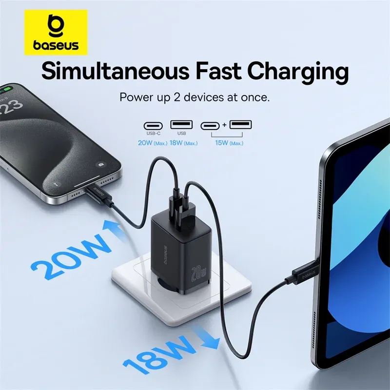 Chargeur Baseus 20 W double port USB-C PD à charge rapide, compatible iPhone 8 à iPhone 15 3