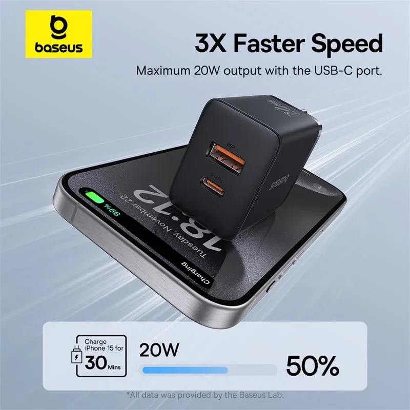 Chargeur Baseus 20 W double port USB-C PD à charge rapide, compatible iPhone 8 à iPhone 15 2