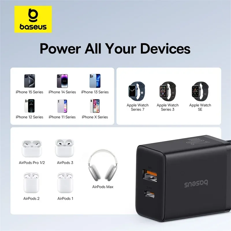 Chargeur Baseus 20 W double port USB-C PD à charge rapide, compatible iPhone 8 à iPhone 15 6