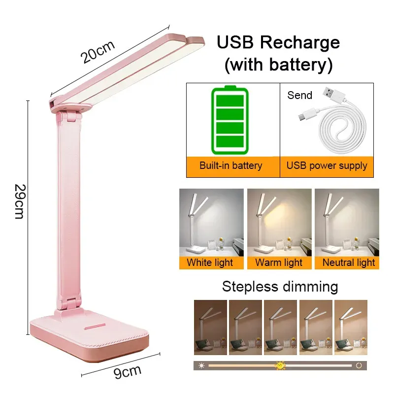 Lampe de bureau USB tactile à 3 niveaux de luminosité, rechargeable et pliable, avec protection des yeux 7