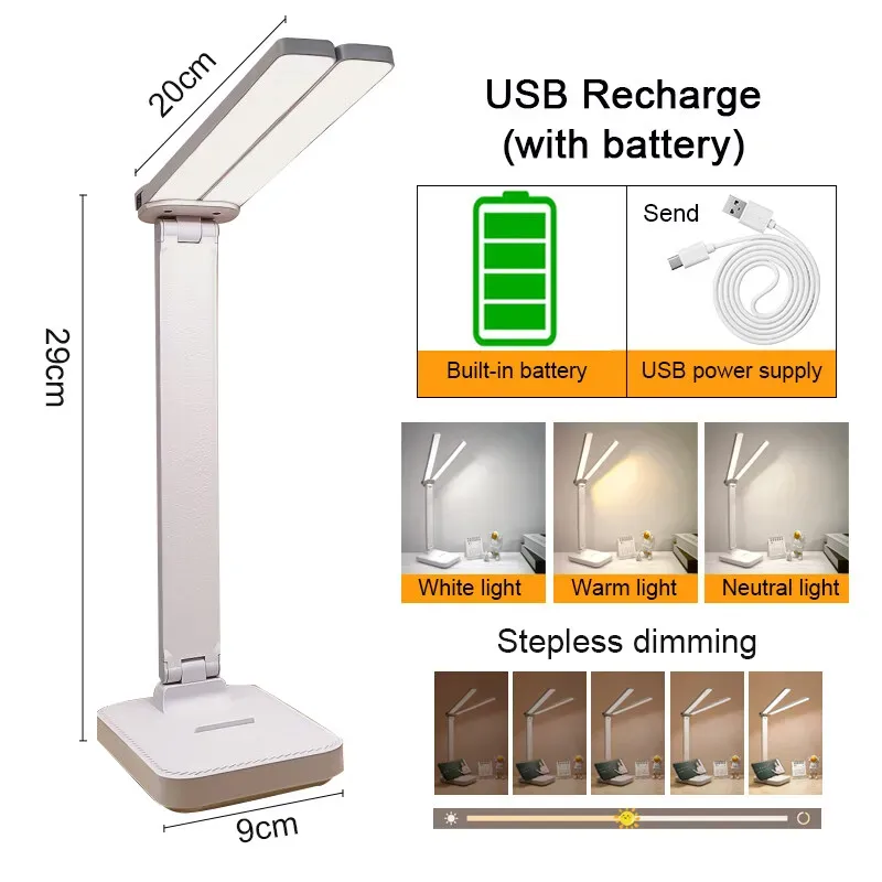 Lampe de bureau USB tactile à 3 niveaux de luminosité, rechargeable et pliable, avec protection des yeux 8