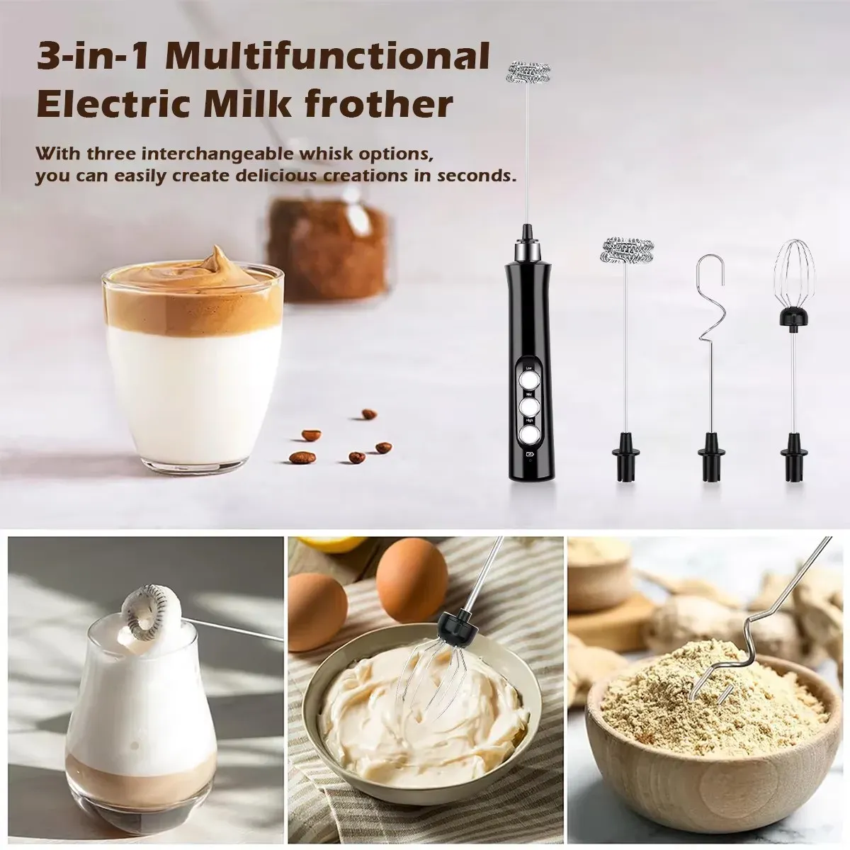 Mousseur à lait électrique rechargeable – 3 vitesses, pour latte, cappuccino et chocolat chaud – Recharge USB 2