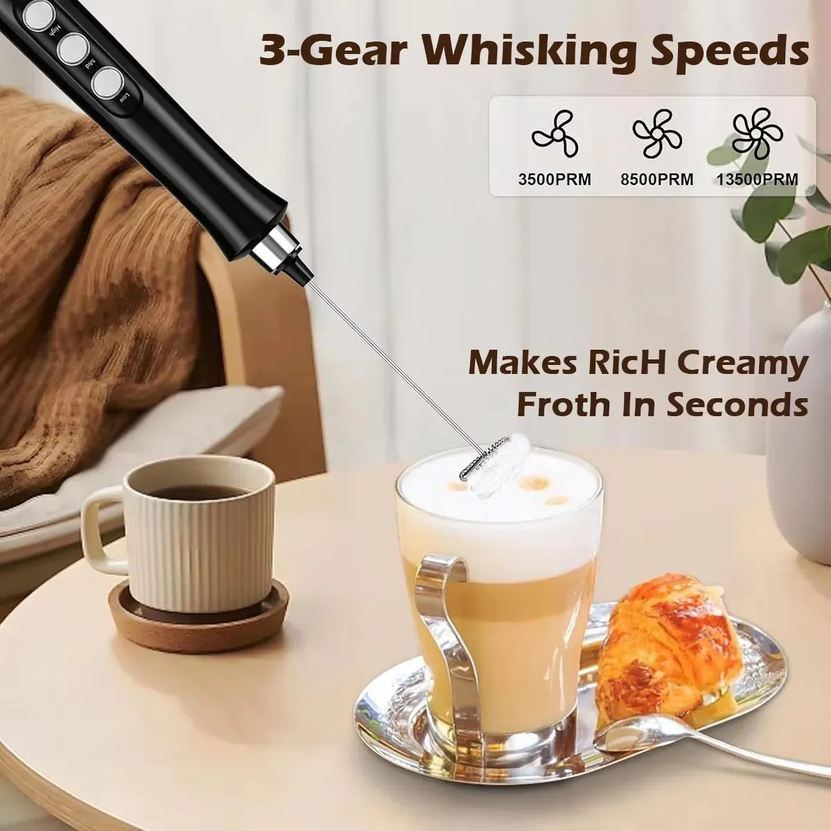 Mousseur à lait électrique rechargeable – 3 vitesses, pour latte, cappuccino et chocolat chaud – Recharge USB 3