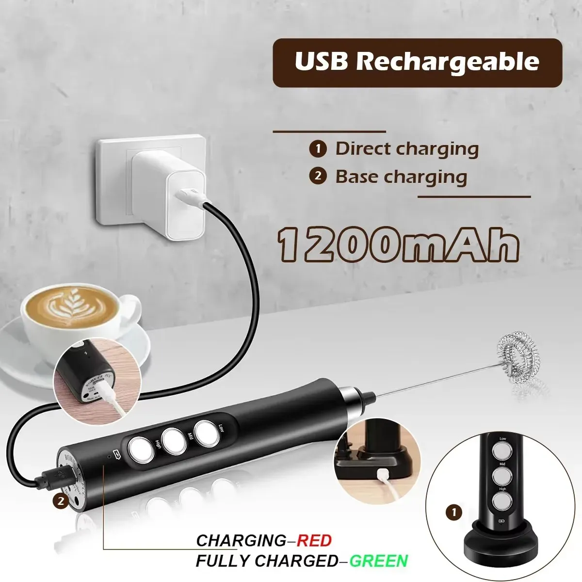 Mousseur à lait électrique rechargeable – 3 vitesses, pour latte, cappuccino et chocolat chaud – Recharge USB 4