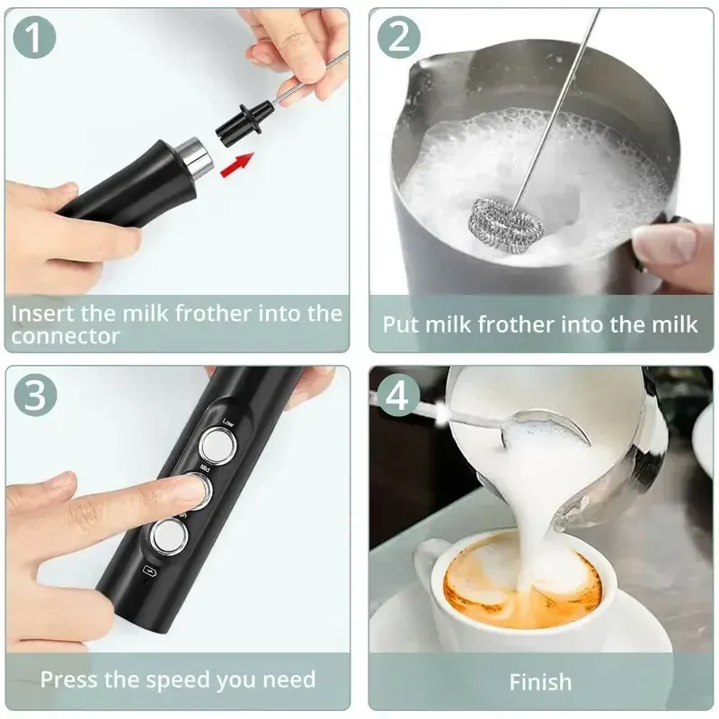 Mousseur à lait électrique rechargeable – 3 vitesses, pour latte, cappuccino et chocolat chaud – Recharge USB 5