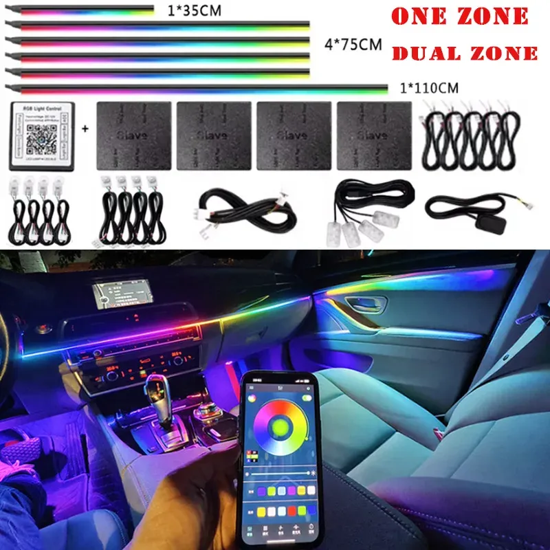Kit de éclairage d'ambiance LED RVB pour voiture en acrylique, 6/10/14/18 en 1, 64 couleurs, contrôle par application Bluetooth, 12 V, zone simple ou double