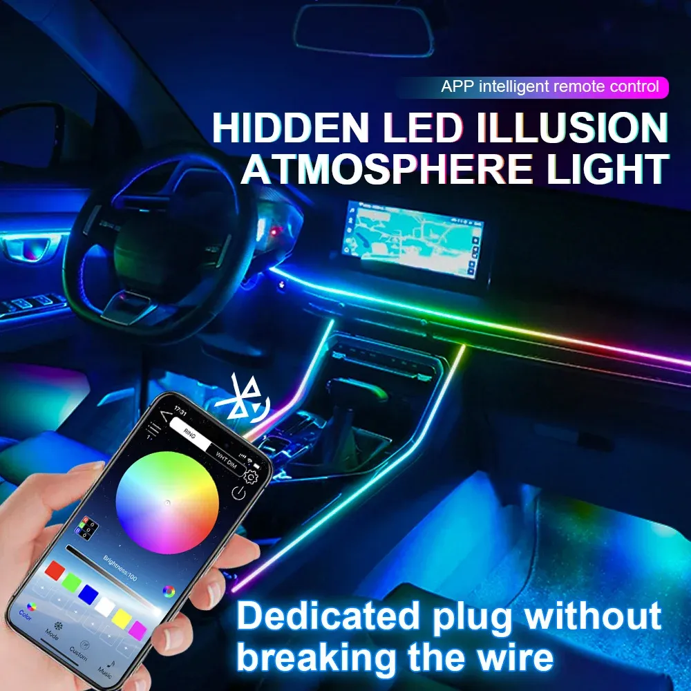 Kit de éclairage d'ambiance LED RVB pour voiture en acrylique, 6/10/14/18 en 1, 64 couleurs, contrôle par application Bluetooth, 12 V, zone simple ou double 3