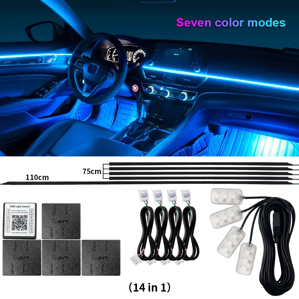 Kit de éclairage d'ambiance LED RVB pour voiture en acrylique, 6/10/14/18 en 1, 64 couleurs, contrôle par application Bluetooth, 12 V, zone simple ou double 9