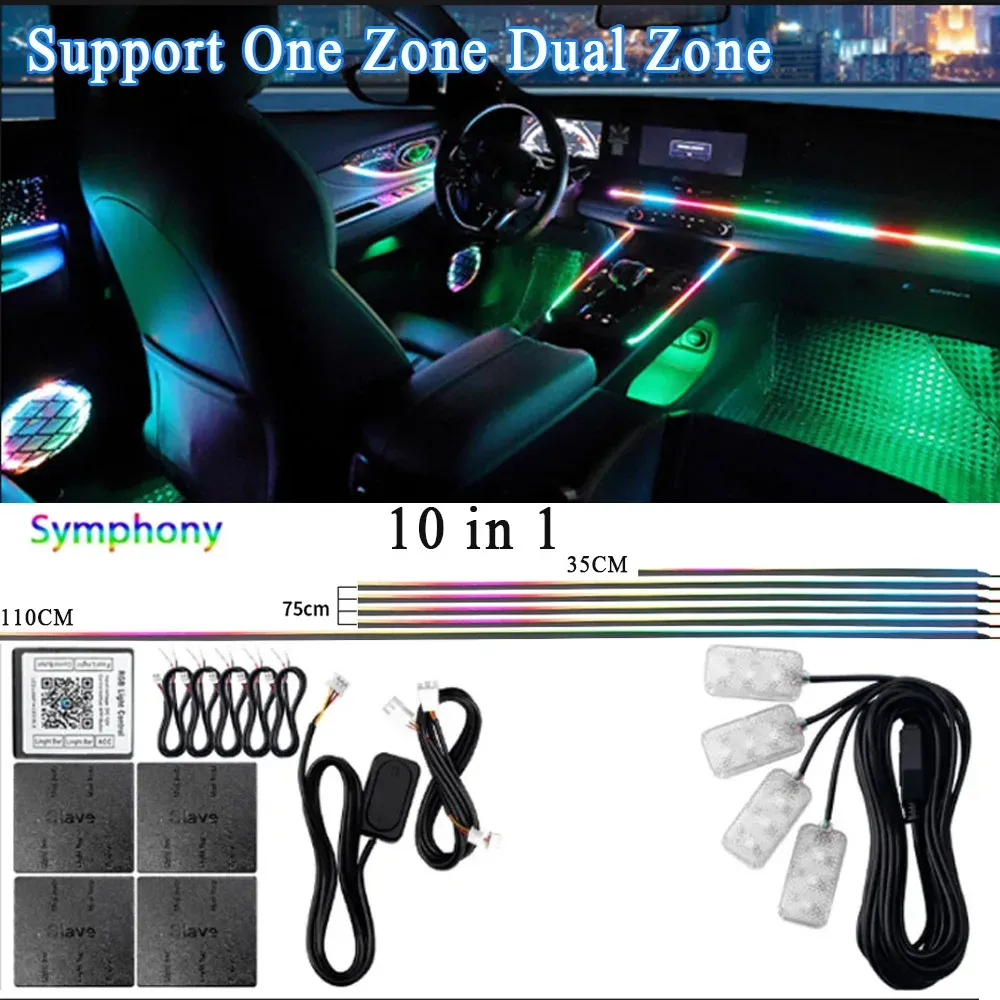 Kit de éclairage d'ambiance LED RVB pour voiture en acrylique, 6/10/14/18 en 1, 64 couleurs, contrôle par application Bluetooth, 12 V, zone simple ou double 18