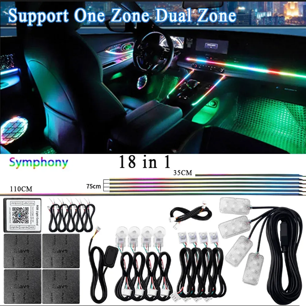 Kit de éclairage d'ambiance LED RVB pour voiture en acrylique, 6/10/14/18 en 1, 64 couleurs, contrôle par application Bluetooth, 12 V, zone simple ou double 14