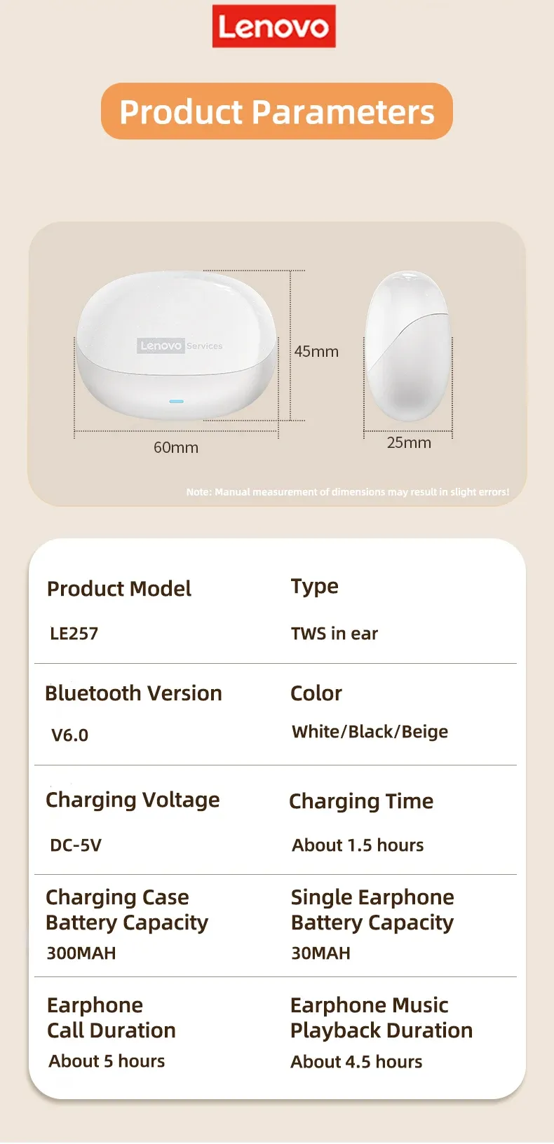 Écouteurs Lenovo LE257 TWS, détails