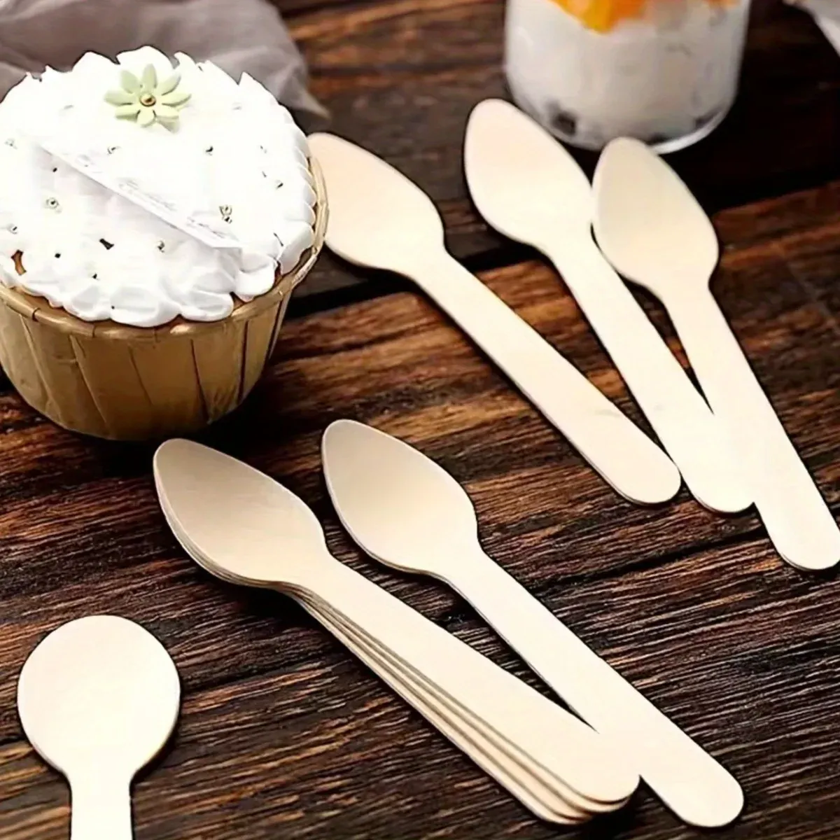 Lot de 50 mini-cuillères en bois jetables (env. 9,6 cm) pour desserts et dégustations, idéales pour fêtes et célébrations 2