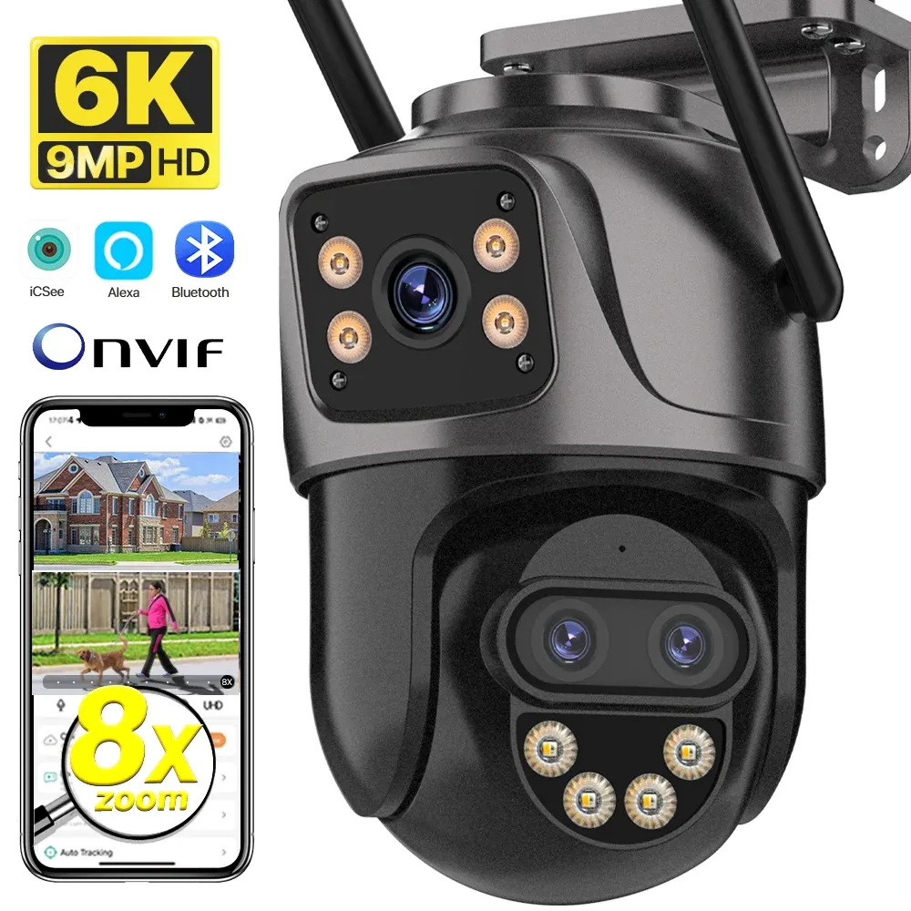 Caméra IP 6K 9MP HD WiFi Extérieure, Zoom 8x, Triple Objectif, Double Écran, Caméra de Sécurité Domestique PTZ, Vidéosurveillance 6MP ICSee
