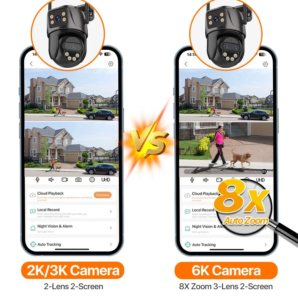 Caméra IP 6K 9MP HD WiFi Extérieure, Zoom 8x, Triple Objectif, Double Écran, Caméra de Sécurité Domestique PTZ, Vidéosurveillance 6MP ICSee 6