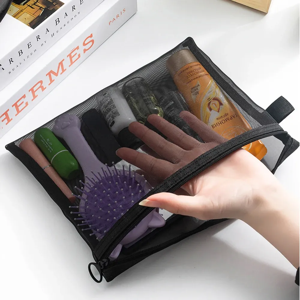 Pochettes cosmétiques transparentes en maille noire