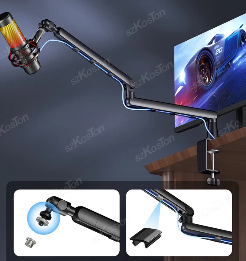 Bras de micro à profil bas pour studio professionnel, avec gestion des câbles et élévateur étendu, support de microphone réglable pour SM7B, MV7, AM8, K688 3