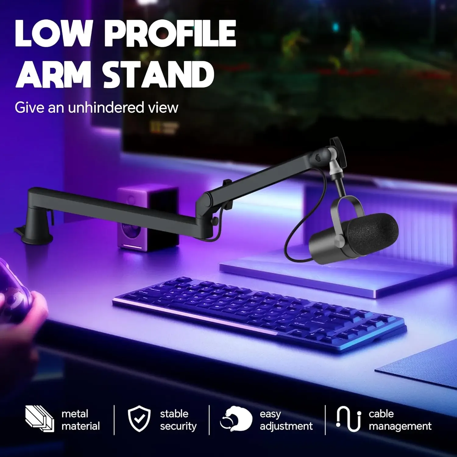 Bras de micro à profil bas pour studio professionnel, avec gestion des câbles et élévateur étendu, support de microphone réglable pour SM7B, MV7, AM8, K688 2