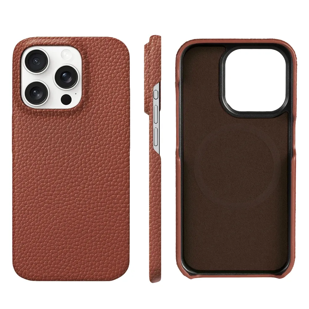 Étui MagSafe en cuir de vachette grainé naturel pour iPhone 17 Pro Max 12