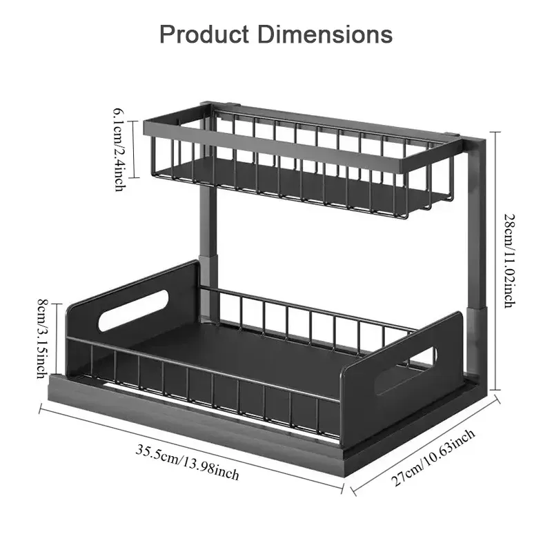 Étagère coulissante de rangement à 2 niveaux pour sous-évier, en métal anti-rouille, avec panier coulissant pour cuisine, salle de bain et armoire 6