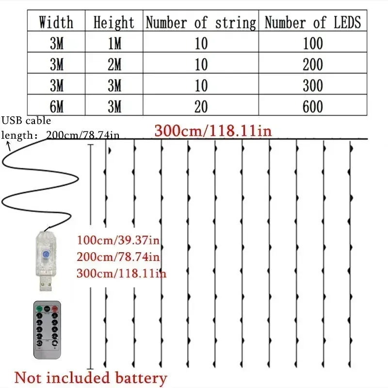 Guirlande lumineuse LED en rideau avec télécommande, 8 modes d'éclairage, alimentation USB, décoration de Noël féerique pour la maison, chambre et mariage 5